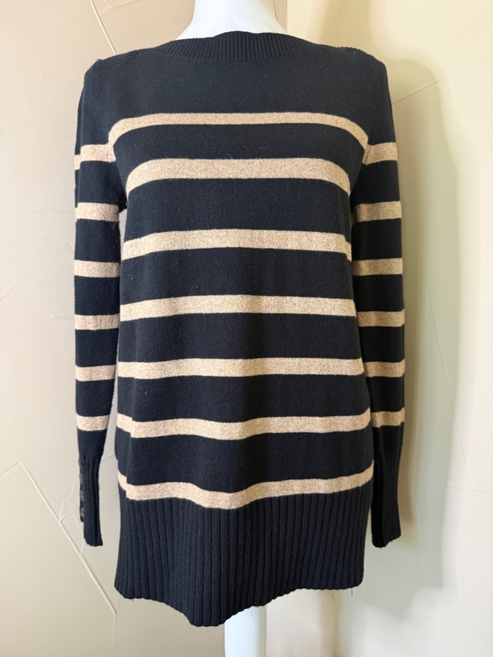 LOFT Black & Cream Striped Scoopneck Sweater M